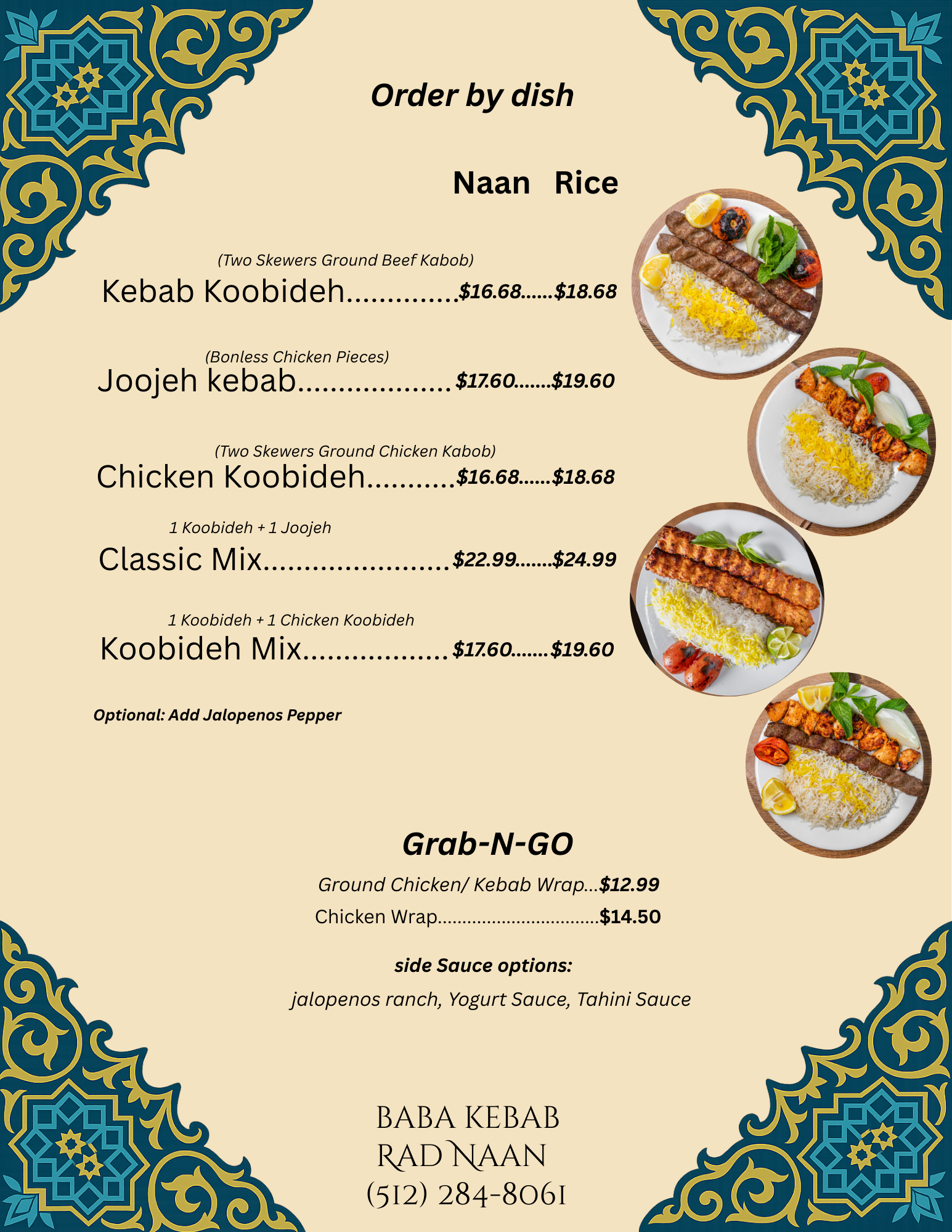 Baba Kebab dish menu